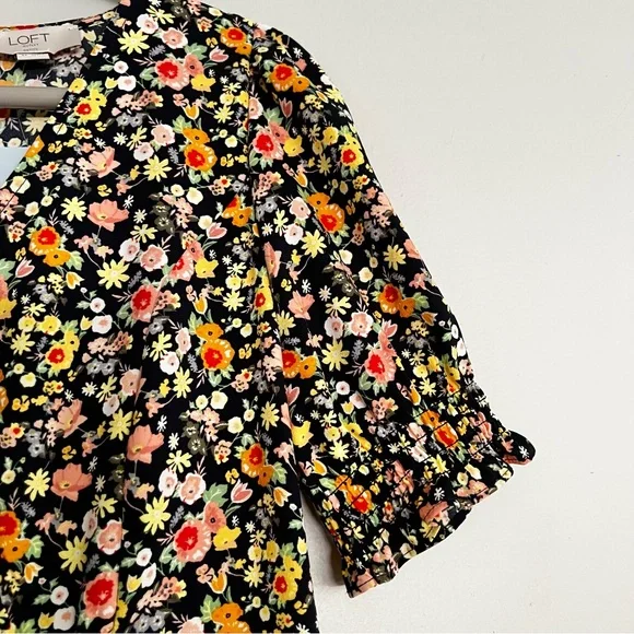 NEW LOFT Outlet Midi Floral Dress 4P Petite Wedding Guest Puff Sleeve V-neck‎ - Picture 3 of 11